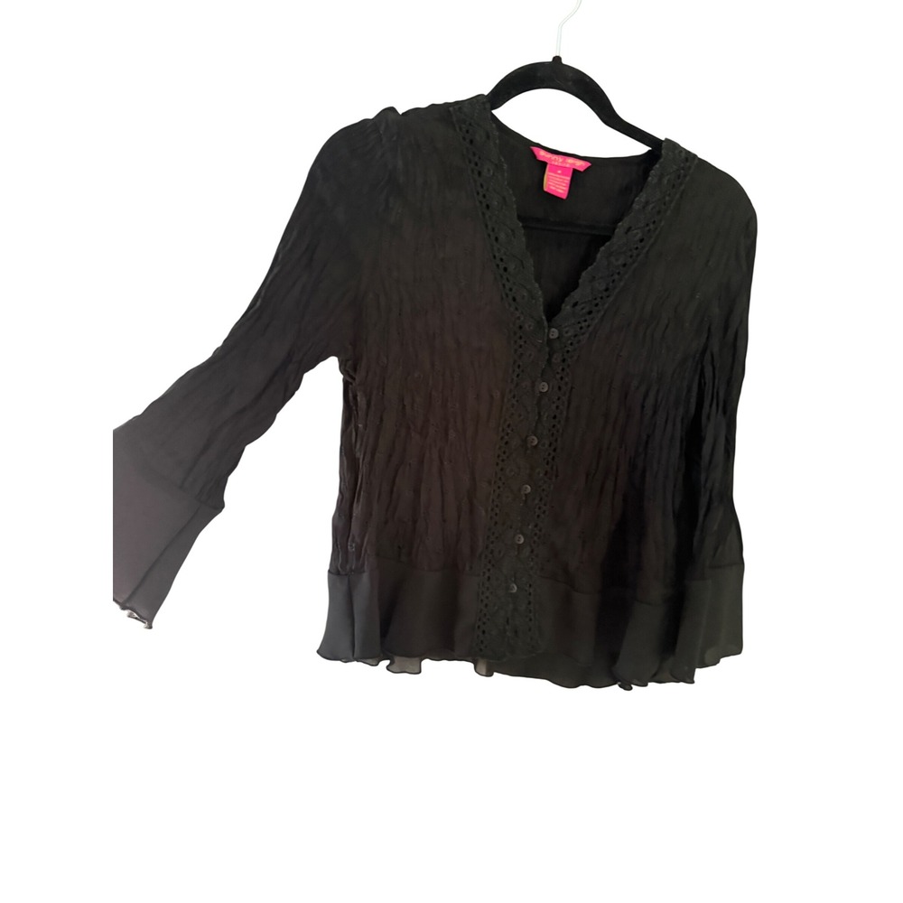 Sunny Leigh Y2k Whimsigoth PM Black Eyelet Crinkle Blouse Crochet Witchy